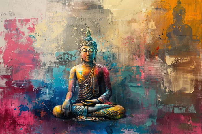 Contemporary abstract art featuring Lord Buddha seated in meditation with vibrant magenta, teal, and gold impasto paint. | PrintPosters.in